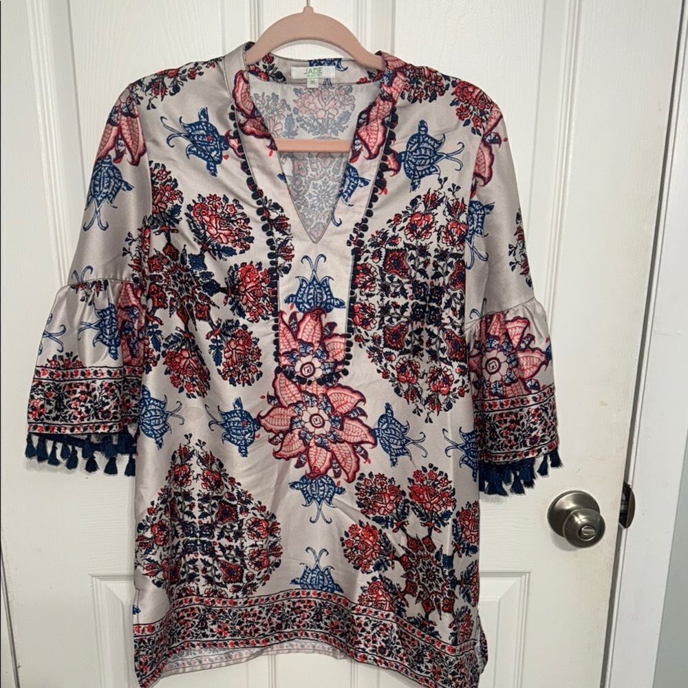 Anthropologie Jade Boho whimsical  floral Tunic w Mandarin Collar& tassels